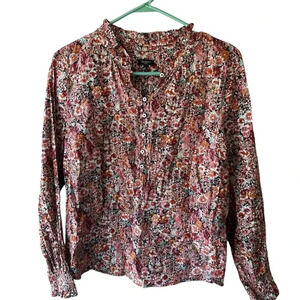 Talbots Floral Size Large Button Blouse Silver Thread Dots Elastic Wrist Vibrant